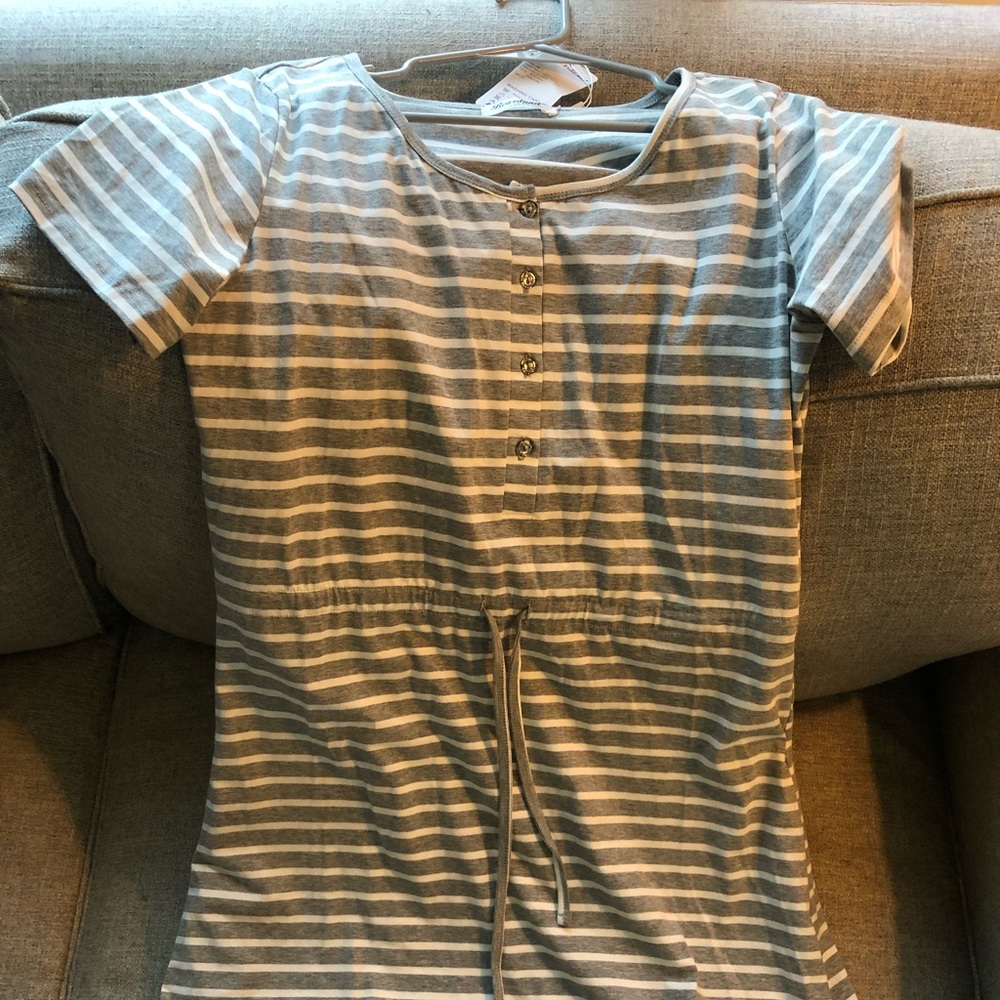Women’s breastfeeding grey striped dress, maxi dress, maternity, new mom